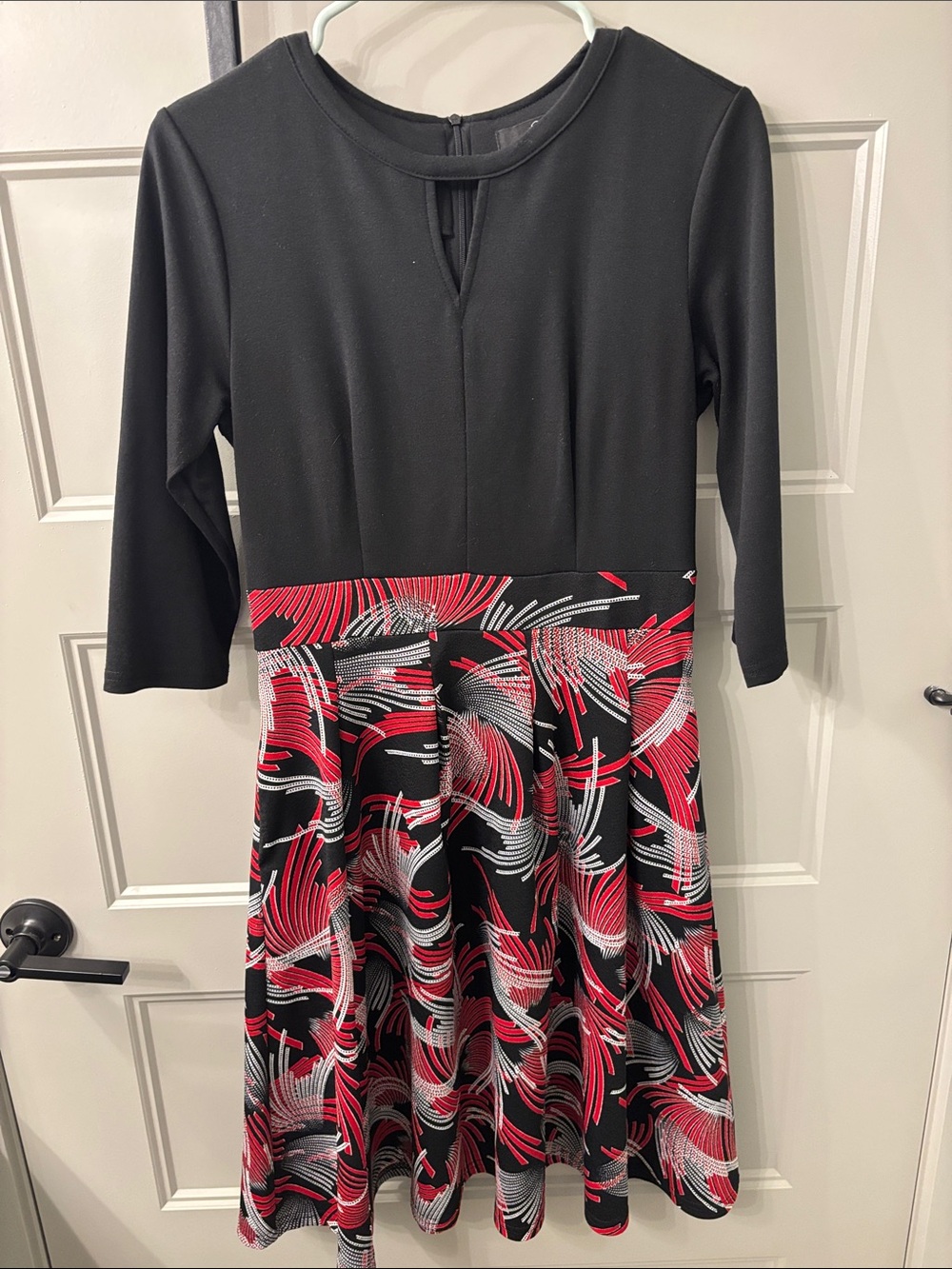 Black and Red Patterned Midi Fit-and-Flare Dress
